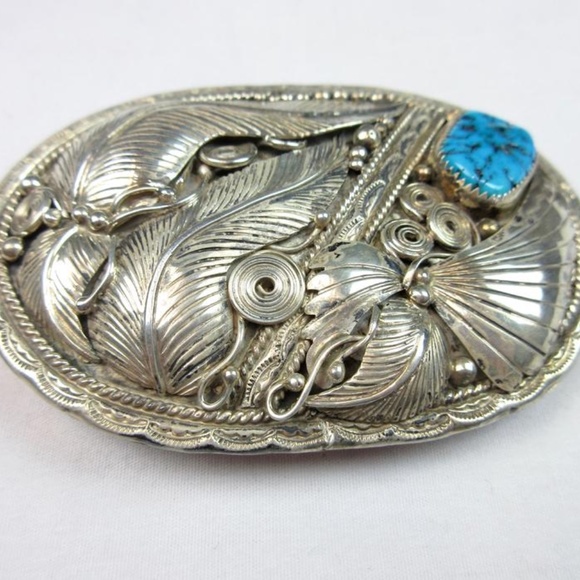 VTG  Signed Navajo Silver Turquoise Belt Buckle - Picture 2 of 10